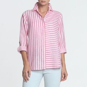 NWT Hinson Wu “Margot” Striped 3/4 Sleeve Button-Down Shirt in Pink Stripe Sz L